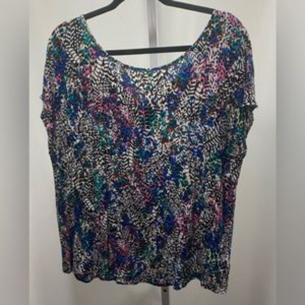 Love‎ On A Hanger Blouse Women 1X Black Multicolor Printed Scoop Neck Twist Back